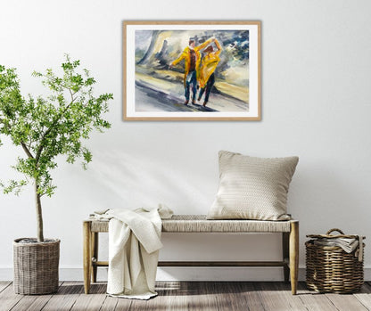 Expressive artwork of a couple embracing the rain, symbolizing love and joy. A vibrant limited edition fine art print 
