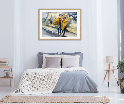 “Dancing in the Rain” – A heartfelt painting of love, movement, and spontaneity. Limited edition print capturing a timeless romantic moment.