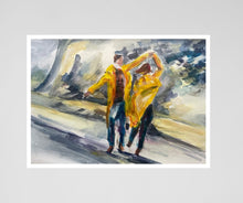 Romantic fine art print of a couple in yellow raincoats dancing in the rain. Limited edition of 21, perfect for love and spontaneity.
