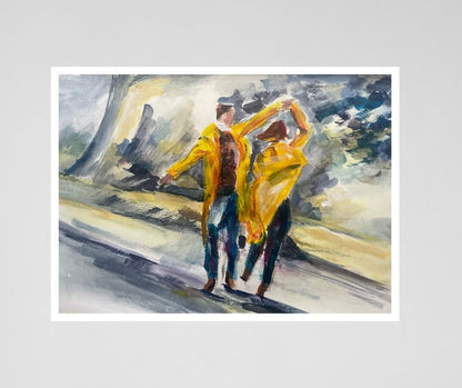 Romantic fine art print of a couple in yellow raincoats dancing in the rain. Limited edition of 21, perfect for love and spontaneity.