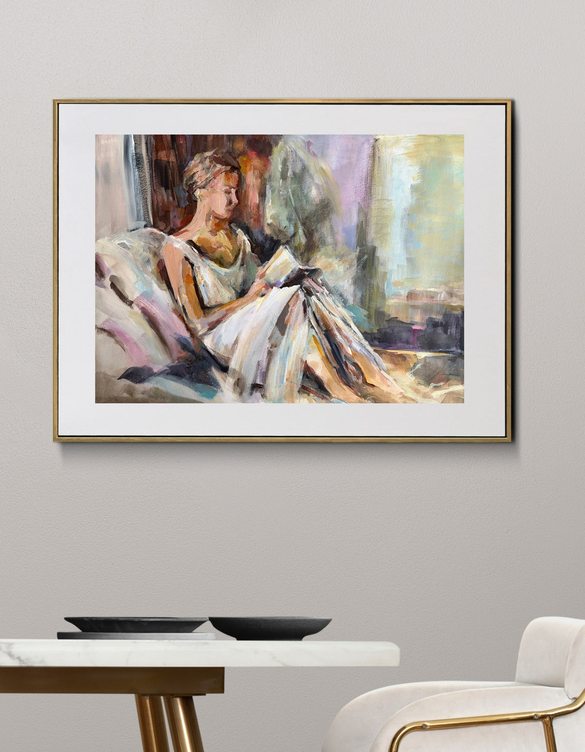 Dolce Far Niente, limited edition fine art print by Swedish artist Ingela Johansson, framed – a woman immersed in a story, a celebration of joie de vivre