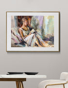 Dolce Far Niente, limited edition fine art print by Swedish artist Ingela Johansson, framed – a woman immersed in a story, a celebration of joie de vivre