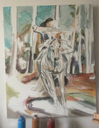 Work-in-progress of the original painting ‘Power’ by Swedish artist Ingela Johansson, showing the early sketch and first layers of the woman on horseback.