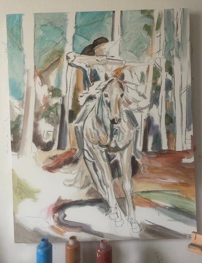 Work-in-progress of the original painting ‘Power’ by Swedish artist Ingela Johansson, showing the early sketch and first layers of the woman on horseback.