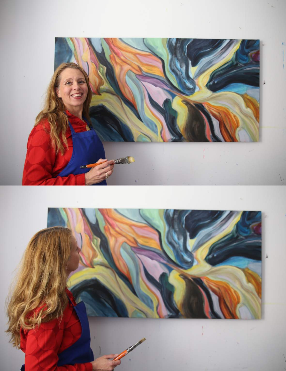 Ingela Johansson with her painting Echoes of Heartland in the studio