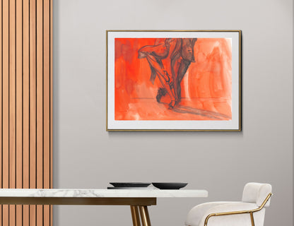 Framed art print of Eclipse of the Dance displayed in a minimalist room. The painting features a close-up of tango dancers’ legs in motion against a rich red ink background, evoking rhythm and intensity.