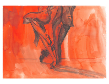 Expressive ink painting titled Eclipse of the Dance showing only the legs and feet of a couple dancing the tango. The red-toned background radiates passion and movement.
