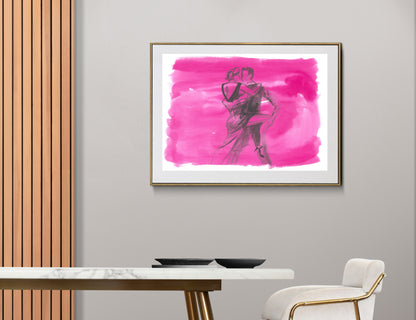 Framed art print of Embrace Between Breath displayed in a Scandinavian-style interior. The painting features a dancing couple in a soft embrace, set against bold pink tones, adding warmth and romance to the space.