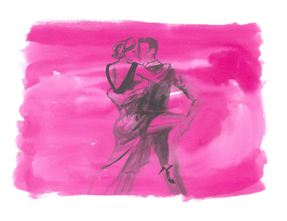 Expressive ink painting titled Embrace Between Breath, showing a couple dancing in a tender, intimate pose against a vivid pink background. The artwork captures a moment of stillness and emotional connection.