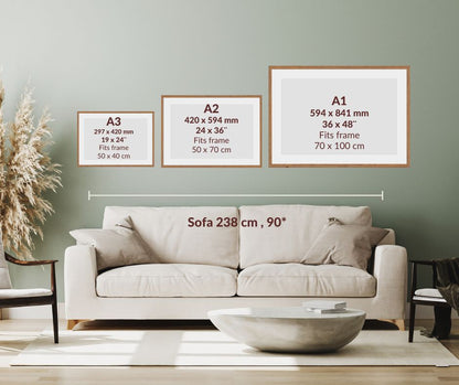 Size comparison of fine art prints in A-size and inch dimensions, illustrating options for various wall spaces and framing preferences