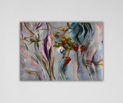 "Ethereal Bloom" – A semi-abstract, expressive canvas print with botanical inspiration, featuring delicate floral forms in soft, flowing colors.