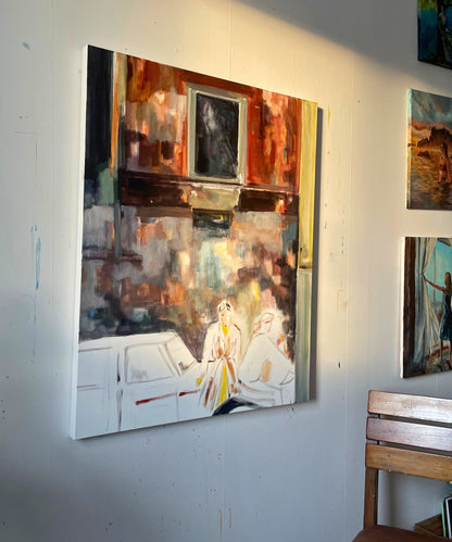 Work-in-progress shot of “The Almost Forgotten Art of Daydreaming,” showing layered brushwork and muted tones developing a tranquil scene.