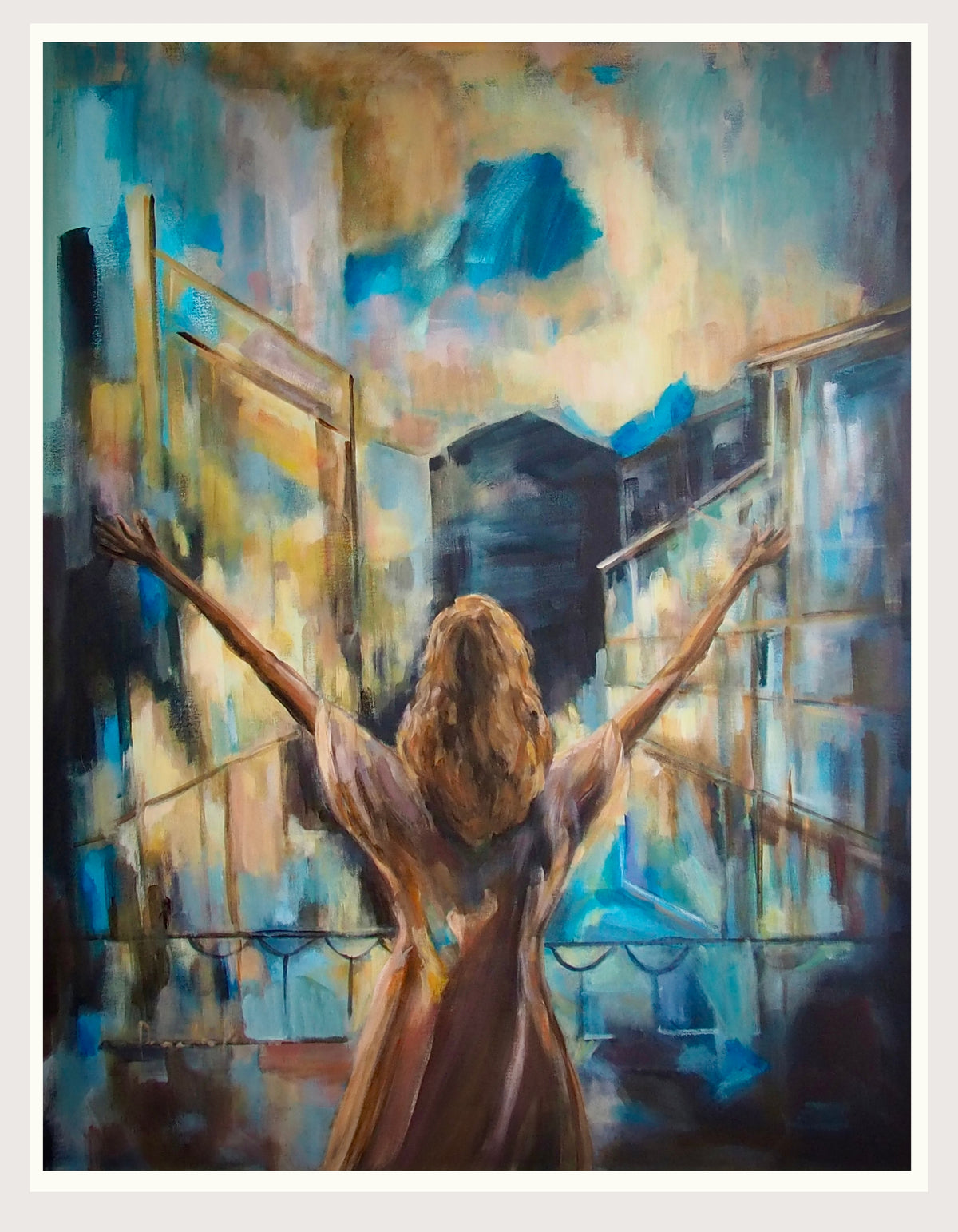 I Am Wild Possibility limited edition fine art print by Swedish artist Ingela Johansson: a woman with arms raised wide among blue and ochre city buildings, a moment of hope and wild possibility