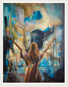 I Am Wild Possibility limited edition fine art print by Swedish artist Ingela Johansson: a woman with arms raised wide among blue and ochre city buildings, a moment of hope and wild possibility