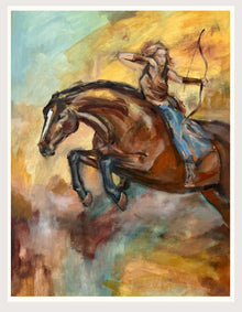Firehorse fine art print by Swedish artist Ingela Johansson with a white border, unframed – warm ochre and turquoise, a story about freedom