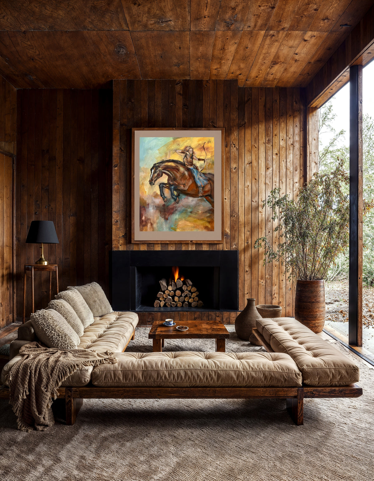 Firehorse fine art print on paper by Swedish artist Ingela Johansson in a living room