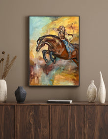 Small Firehorse fine art print on paper by Swedish artist Ingela Johansson on a taupe wall