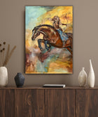 Firehorse painting in an interior with a brown wall. Warm paintintg ochre,brown and turqoise.