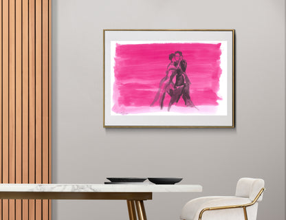 Framed art print of Float with Me by Ingela Johansson hanging in a light Scandinavian-style room. The painting shows a couple dancing tango, seemingly weightless, set against soft yet vibrant pink tones.