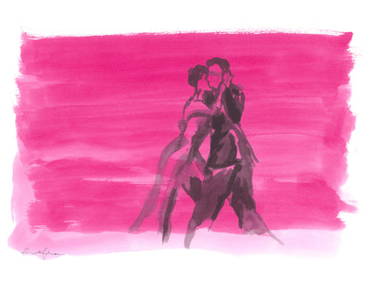 Tango couple dancing with elegance and connection in Float with Me, an ink painting featuring flowing lines and a pink background symbolizing movement, love, and freedom.