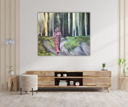 Forest painting in a Scandinavian home setting. Painting by Ingela Johansson.