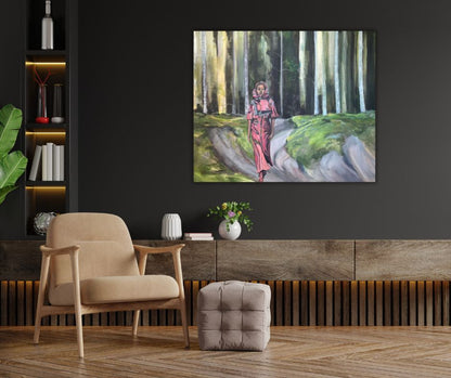 Forest acrylic painting by artist Ingela Johansson in a home setting.