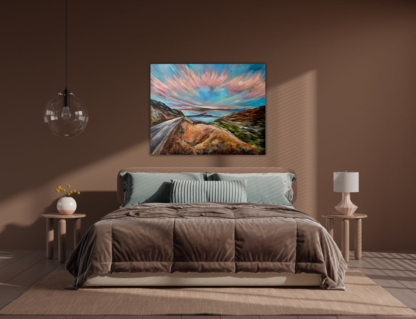 Goodmorning a landscape of a sunrise by Ingela Johansson in a bedroom 