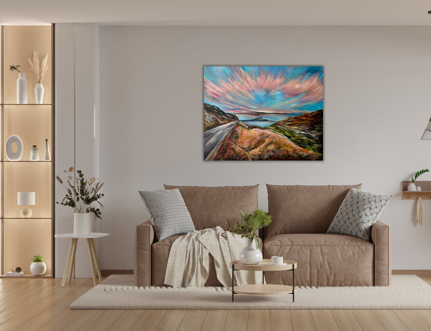 Goodmorning landscape painting in the sunset by Ingela Johansson in a Scandinavian living room.