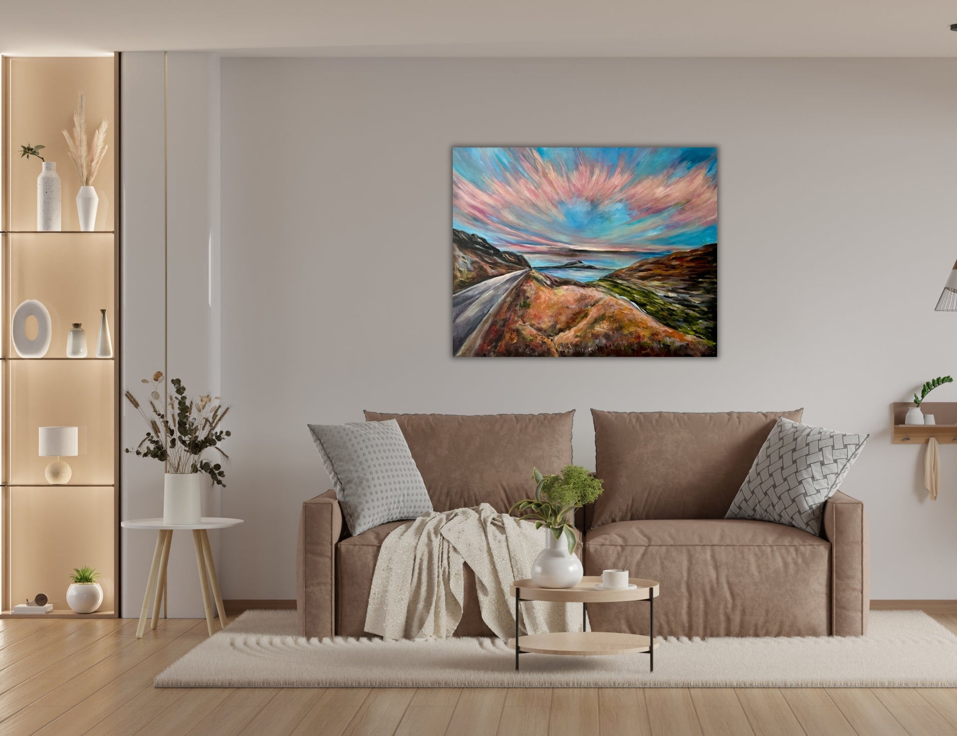 Goodmorning landscape painting in the sunset by Ingela Johansson in a Scandinavian living room.