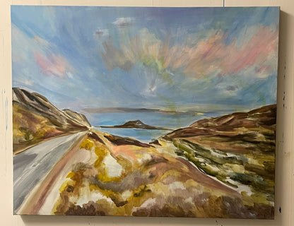 Painting process of the artwork ‘Goodmorning,’ a colorful sunrise landscape with glowing sky, water, and rolling hills painted by Swedish artist Ingela Johansson.