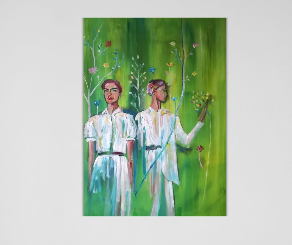 A thought-provoking artwork by Swedish artist Ingela Johansson, "Green Transformation" explores personal evolution through the depiction of a woman in two stages of metamorphosis against a textured green background.
