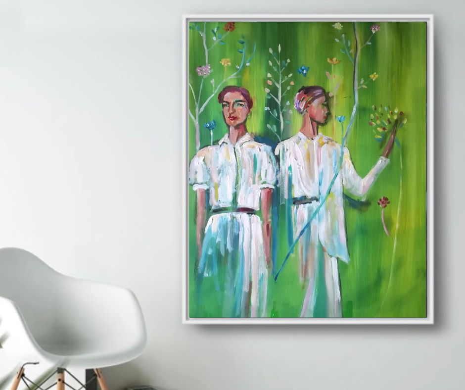 A symbolic artwork by Ingela Johansson, "Green Transformation" portrays a woman in two stages of change, set against a rich green backdrop, representing renewal, self-discovery, and evolution.