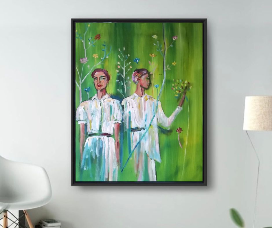 "Green Transformation" – A semi-abstract painting by Ingela Johansson, where a woman appears in two different phases of change, immersed in a green-toned background that symbolizes growth, healing, and transformation.**