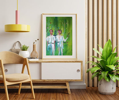 "Green Transformation" – A dynamic limited edition print by Ingela Johansson, symbolizing growth and change with a woman evolving amidst a vibrant green backdrop.