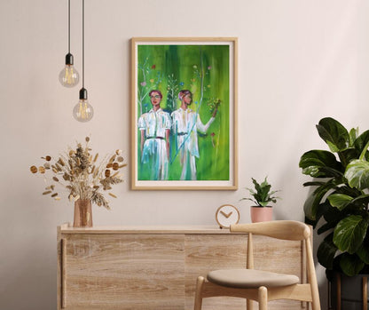 "Green Transformation" – A striking fine art print by Ingela Johansson, portraying the inner metamorphosis of a woman against the backdrop of lush greenery and growth.