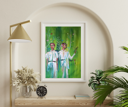 "Green Transformation" – An expressive fine art print by Ingela Johansson, symbolizing change and personal growth through a woman’s two phases of transformation in a green environment.
