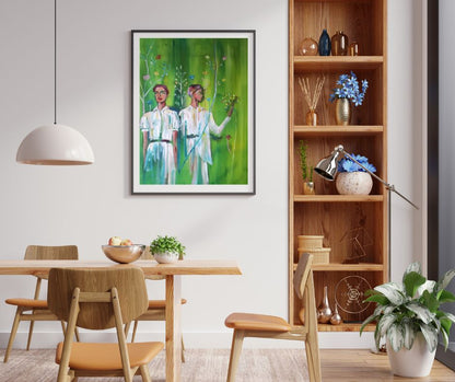 "Green Transformation" – A limited edition fine art print by Ingela Johansson, depicting a woman in two phases of transformation against a lush green background.