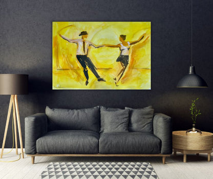 Wall display of the 'Happy' canvas print by Ingela Johansson in a modern living room, adding energy and elegance to the decor.