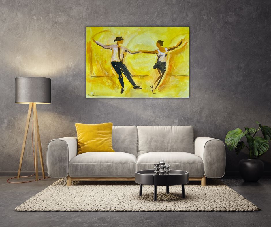 Canvas print of 'Happy' by artist Ingela Johansson, showcasing vibrant dancers in motion, stretched over a wooden frame and ready to hang.