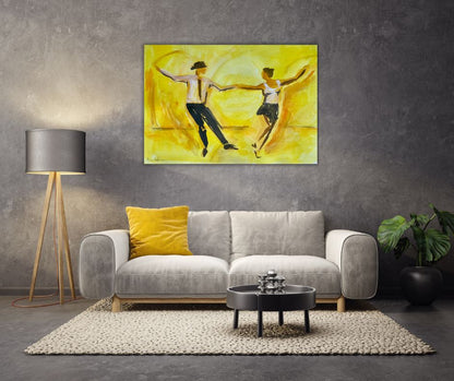 Canvas print of 'Happy' by artist Ingela Johansson, showcasing vibrant dancers in motion, stretched over a wooden frame and ready to hang.