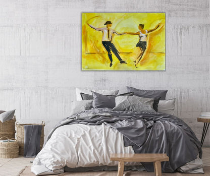 Dancers collection canvas print, 'Happy,' by Ingela Johansson, styled above a bed to brighten and energize the space.