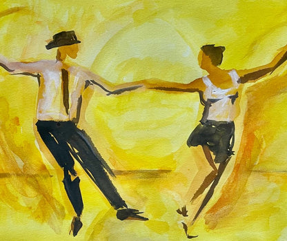 Close-up of the 'Happy'  print by Ingela Johansson, highlighting the rich textures and dynamic brushstrokes