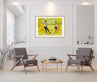 Happy Dancers in oak frame by ISwedish artist Ingela Johansson
