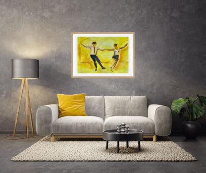 "Happy" Dancers in a Modern Living Room: The artwork displayed in a  living room, illustrating how it can brighten up a contemporary space.