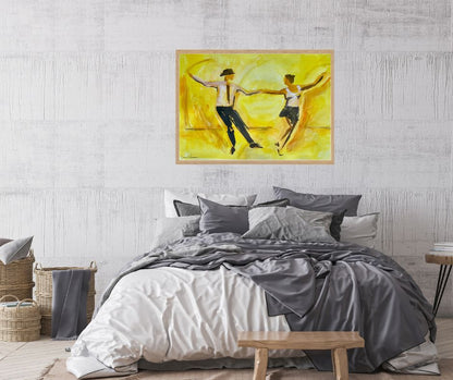 "Happy" Print Displayed Above a Bed: The artwork beautifully styled above a bed, adding warmth and happiness to the bedroom decor.
