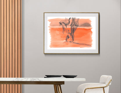 Expressive tango painting with orange background, showing a woman leaning back in trust as the man holds the frame for balance.