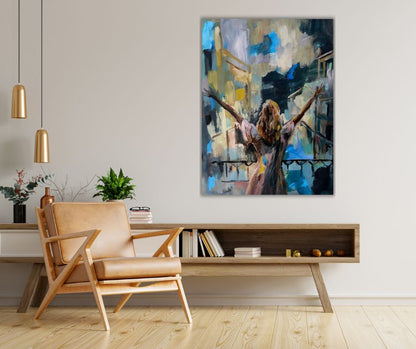 Expressive artwork 'I am' in blue, grey, and warm hues, fostering connection and self discovery by Ingela Johansson