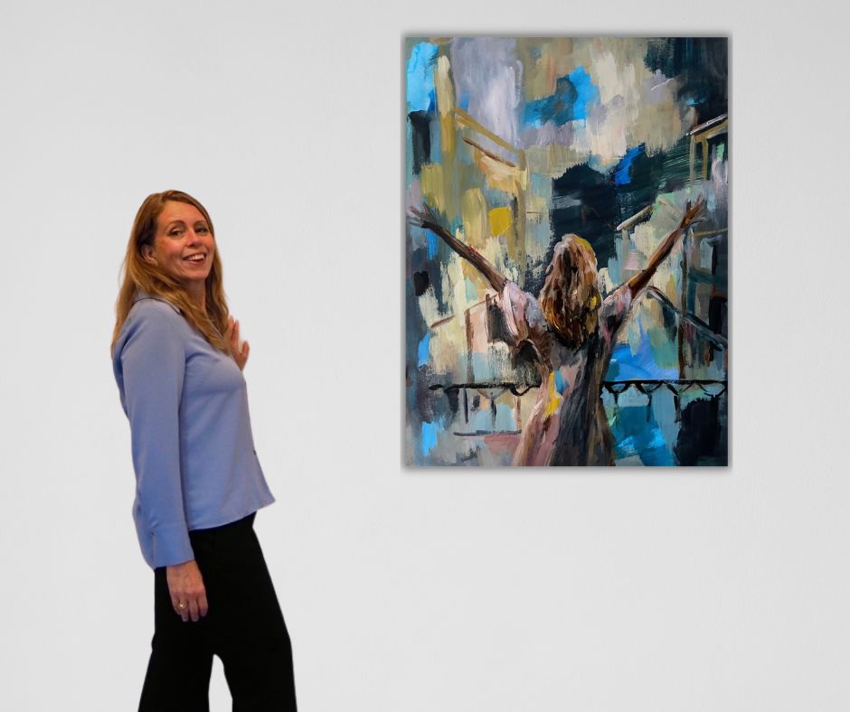 Swedish artist Ingela Johansson with her painting "I am" expressive art 2025.