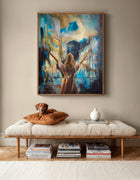 I Am Wild Possibility fine art print by Swedish artist Ingela Johansson, framed above a linen daybed with a resting dog — a story about inner freedom and self-acceptance