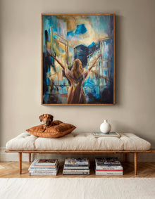 I Am Wild Possibility fine art print by Swedish artist Ingela Johansson, framed above a linen daybed with a resting dog — a story about inner freedom and self-acceptance